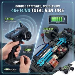 1:16 Scale Fast Remote Control Car, 50 KM/H High Speed 4WD with Powerful 390 Motor, Metal Anti-Vibration Shock Absorbers & IPX4 Waterproof, 2.4GHz Hobby Grade Monster Truck Buggy Ready to Run, Ideal All Terrain Off-Road Racing Gift for Adults & Kids