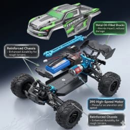 1:16 Scale Fast Remote Control Car, 50 KM/H High Speed 4WD with Powerful 390 Motor, Metal Anti-Vibration Shock Absorbers & IPX4 Waterproof, 2.4GHz Hobby Grade Monster Truck Buggy Ready to Run, Ideal All Terrain Off-Road Racing Gift for Adults & Kids