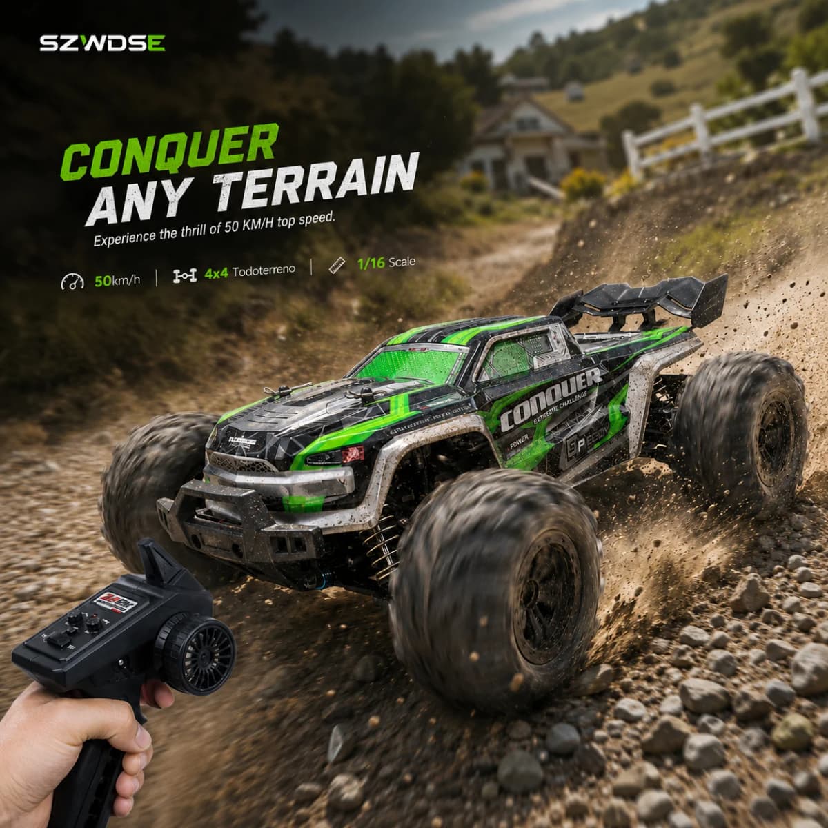 1:16 Scale Fast Remote Control Car, 50 KM/H High Speed 4WD with Powerful 390 Motor, Metal Anti-Vibration Shock Absorbers & IPX4 Waterproof, 2.4GHz Hobby Grade Monster Truck Buggy Ready to Run, Ideal All Terrain Off-Road Racing Gift for Adults & Kids