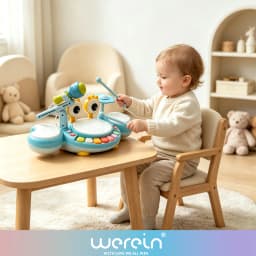 Toddler Big Eyes Crab Hand Drum Percussion Toy, Freely Detachable & Height Adjustable, Comes With Detachable Rattle And Whistle