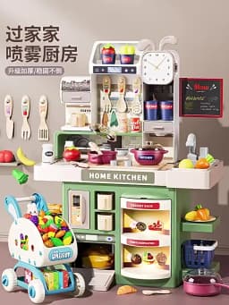 Children Kitchen Toys Set Simulated Tableware Kitchen Counter Play Set with Lights Spray DIY Toy for Girls Kids Birthday Gifts