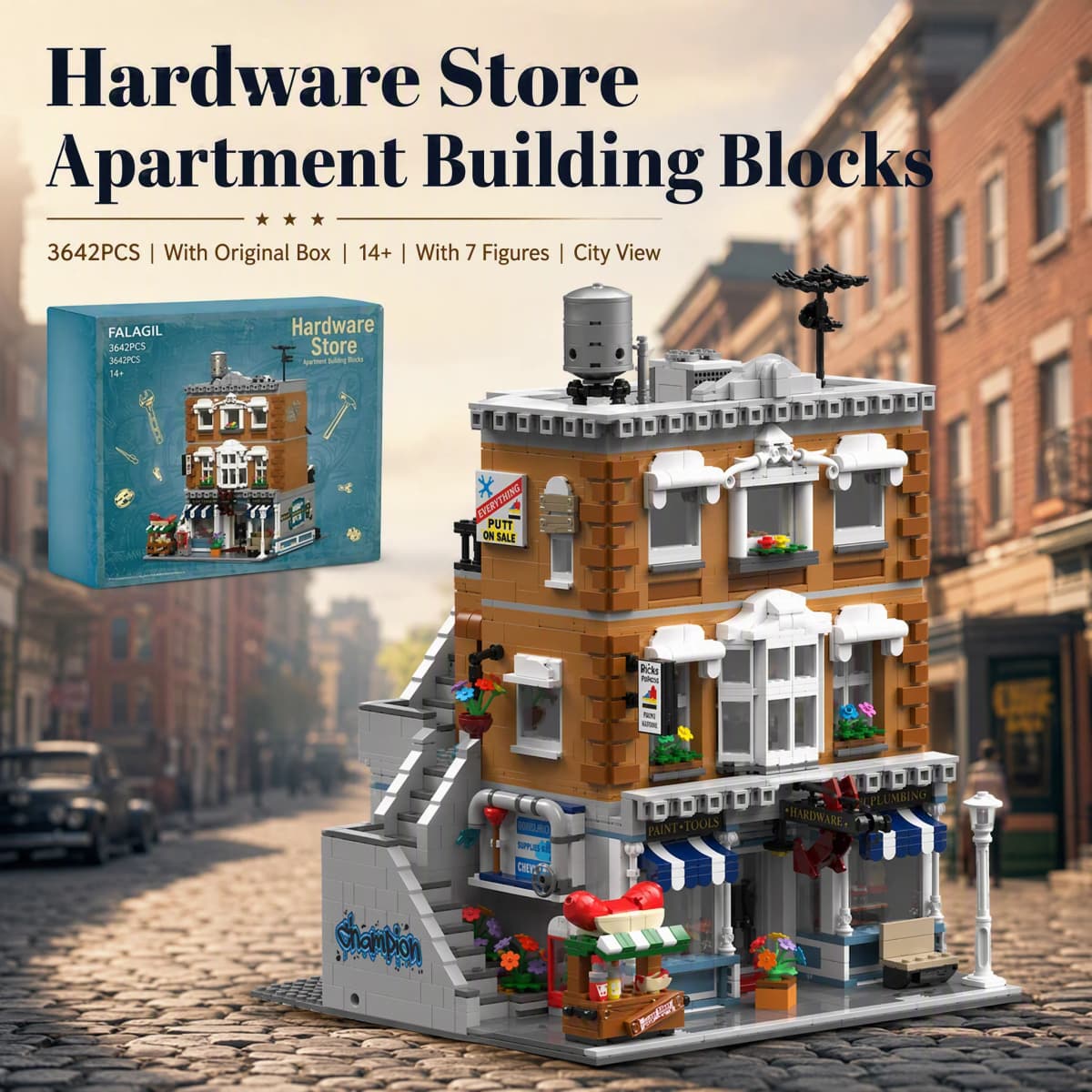 Hardware Store with 7 Figures Modular Buildings Blocks City Street View House Apartment Architecture MOC Brick Model Kit Adults DIY Collectible Gift 3642PCS