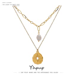 Yhpup Statement Round North Star Layered Pendant Necklace for Women Golden Stainless Steel Natural Pearl Chain Collar Necklace