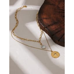 Yhpup Statement Round North Star Layered Pendant Necklace for Women Golden Stainless Steel Natural Pearl Chain Collar Necklace