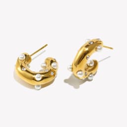 E.B.belle Chunky Stainless Steel Gold Plated Earrings For Women Irregular Pearl Zircon Paved Thick Statement Earring Jewelry