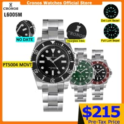 Cronos Sub Diver Men Watch No Date PT5000 Brushed Bracelet Ceramic Bezel 200 Meters Water Resistant
