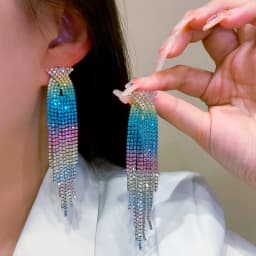 New Luxury Blue Colorful Long Tassel Earrings for Women Bridal Dangle Earrings Full Rhinestone Party Earring Wedding