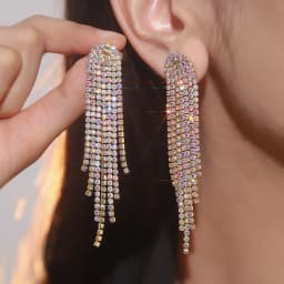 New Luxury Blue Colorful Long Tassel Earrings for Women Bridal Dangle Earrings Full Rhinestone Party Earring Wedding