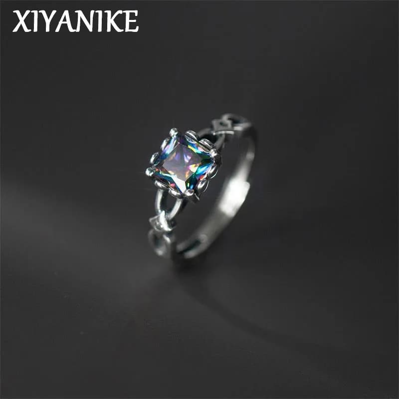 XIYANIKE Vintage Thai Silver Square Zircon Open Cuff Finger Rings for Women Girl New Fashion Jewelry Gift Party кольцо ж