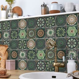 24 Pieces of Mandala Retro Pattern Glossy Self-adhesive Tile Stickers for Kitchen and Bathroom Removable Waterproof Wall Sticker