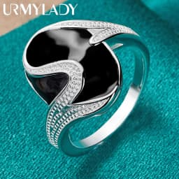 URMYLADY 925 Sterling Silver Round Obsidian 7-10# Ring For Women Wedding Charm Engagement Fashion Jewelry