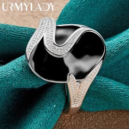 URMYLADY 925 Sterling Silver Round Obsidian 7-10# Ring For Women Wedding Charm Engagement Fashion Jewelry