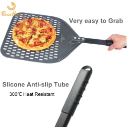 12" Hard Anodized Perforated Pizza Peel Rectangle Pizza Turning Shovel Set Aluminum Pizza Peel Paddle 40cm Long Silicone Handle