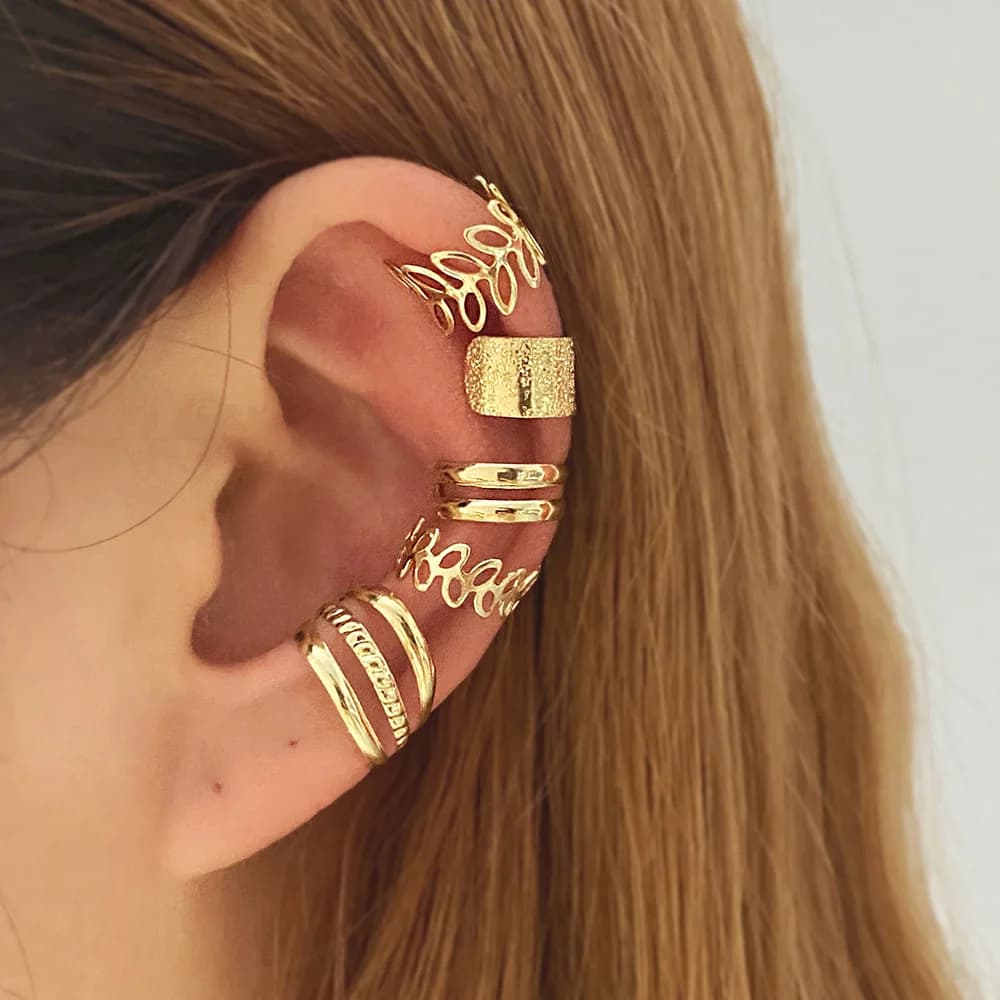 12PC Creative Gold Color Leaves Clip Earrings for Women Men Simple C Ear Cuff No Piercing Ear Ear Clip Set Trend Jewelry Gift