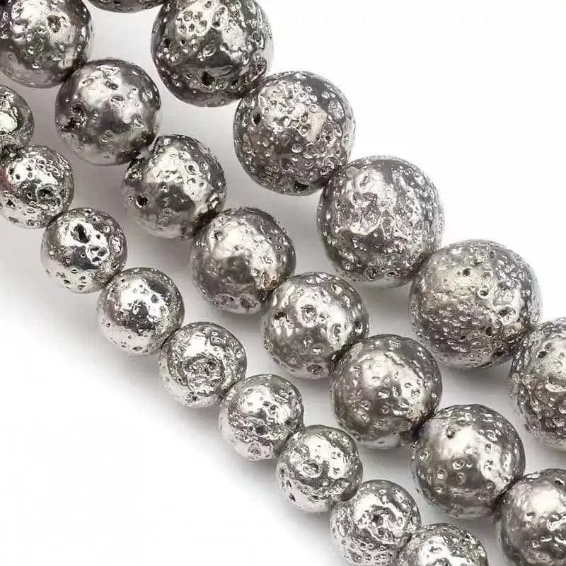 Natural Stone Sliver Plated Rock Volcanic Lava Stone Beads Round Loose Spacer Bead For Jewelry Making Diy Charm Bracelet 15Inch