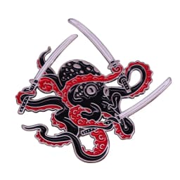 Octopus Swordsman Pin Black Samurai Brooch Funny Badge