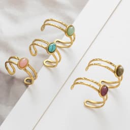 Inlaid Natural Stone Stainless Steel Engagement Rings for Women Adjustable Opening Simplicity Vintage Ring Fashion Jewelry