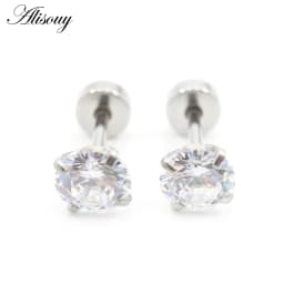 Alisouy 2pcs Stainless steel Unisex Women Men Round Crystal Zircon Ear Studs Earrings  4 Prong Tragus Cartilage Piercing Jewelry