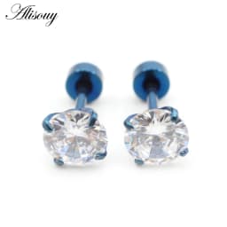 Alisouy 2pcs Stainless steel Unisex Women Men Round Crystal Zircon Ear Studs Earrings  4 Prong Tragus Cartilage Piercing Jewelry