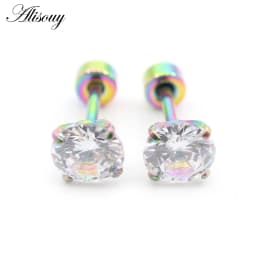 Alisouy 2pcs Stainless steel Unisex Women Men Round Crystal Zircon Ear Studs Earrings  4 Prong Tragus Cartilage Piercing Jewelry