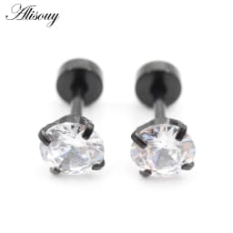 Alisouy 2pcs Stainless steel Unisex Women Men Round Crystal Zircon Ear Studs Earrings  4 Prong Tragus Cartilage Piercing Jewelry
