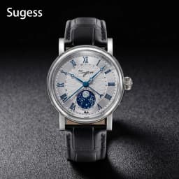 Sugess Watches for Men Automatic Mechanical Watch Moonphase Tianjin ST2108 Waterproof Date Hands Sapphire Crystal Rome Wave Dial