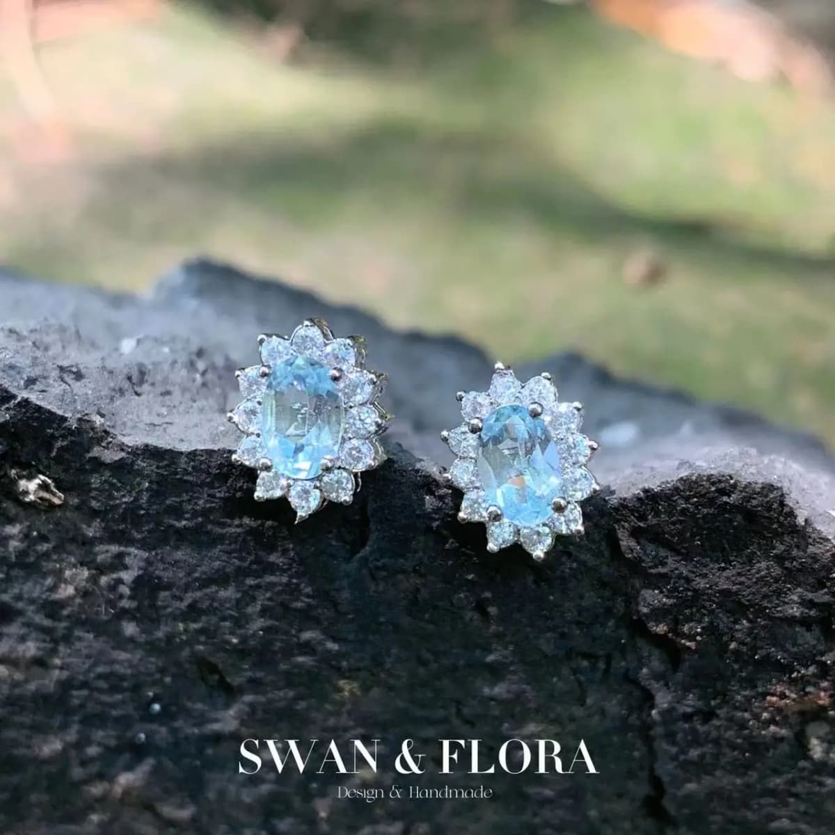 Genuine Natural Blue Topaz 925 Sterling Silver Stud Earrings for women Jewelry Gift 1.4ct Ocean Blue Topaz Oval Pave CZ