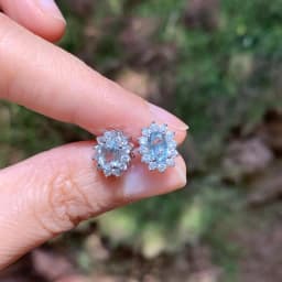 Genuine Natural Blue Topaz 925 Sterling Silver Stud Earrings for women Jewelry Gift 1.4ct Ocean Blue Topaz Oval Pave CZ