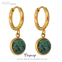 Yhpup Stainless Steel Green Natural Stone Hoop Earrings New Golden Metal Geometric Charm Jewelry Joyería Acero Inoxidable Mujer