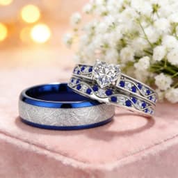 Fashion Couple Rings Romantic Women Heart Zircon Stone Rings Set Men's Blue Stainless Steel Ring Wedding Party Jewelry Gifts