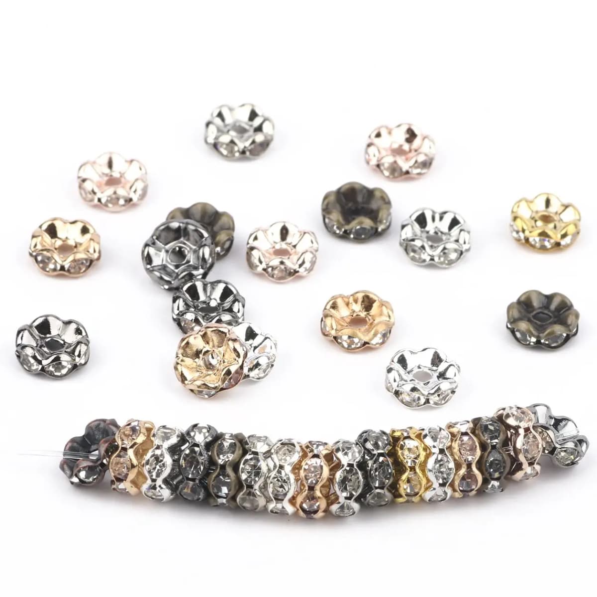 50Pcs/Lot 4/6/8/10mm Mixed Color Rhinestone Rondelle Crystal Crimp Round Loose Spacer Beads for Jewelry Making DIY Accessories
