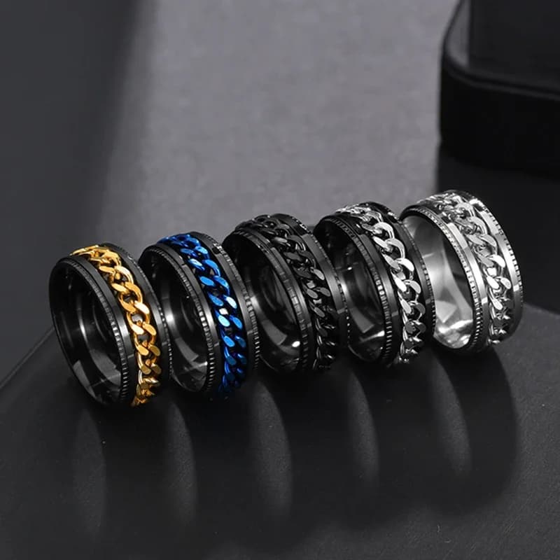 Western Fashion Simple Design Rotatable Chain Ring Silver Black Gold Color Titanium Steel Rings For Men Women