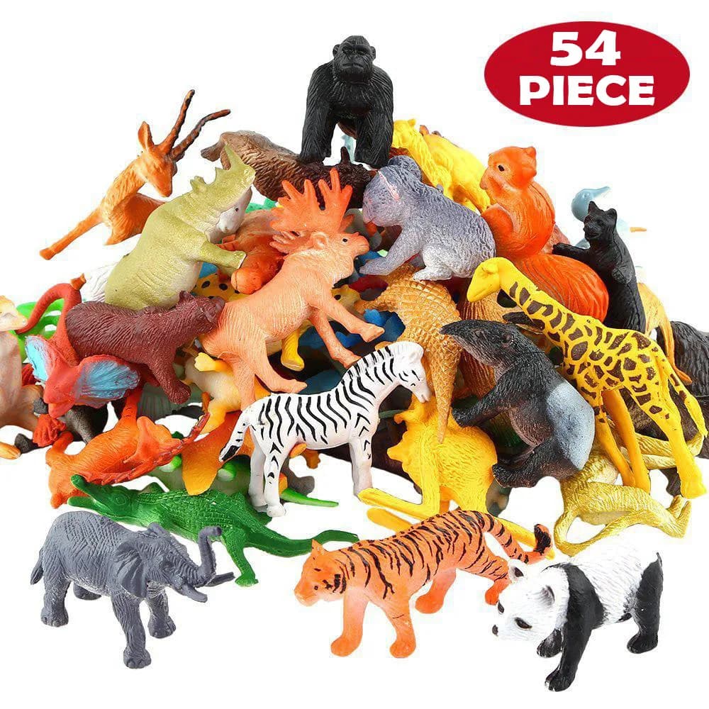 54 Pcs Mini Jungle Animal Toys Set Realistic Wild Plastic Animals Learning Toys Elephant Gazelle Giraffe Gnu Gorilla Lion Tiger