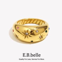 E.B.belle 2026 Collection Colorful Crystal Zircon Gem Star Pattern Bold Dome Stainless Steel Rings For Women Gold Plated Ring
