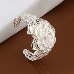 925 Sterling Silver jewelry bangle Hot engagement exquisite retro charm hollow big women lady flowers openings bracelet
