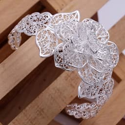 925 Sterling Silver jewelry bangle Hot engagement exquisite retro charm hollow big women lady flowers openings bracelet
