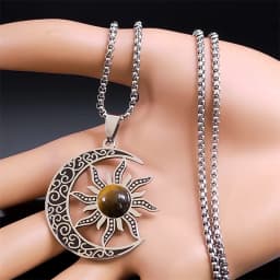 Witch Moon Sun Pentagram Necklace Stainless Steel Stone Occult Luna Crescent Wicca Necklaces Jewelry Collares Acero Inoxidable