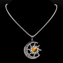 Witch Moon Sun Pentagram Necklace Stainless Steel Stone Occult Luna Crescent Wicca Necklaces Jewelry Collares Acero Inoxidable