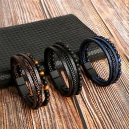19/21/23cm Hand-woven Leather Bracelet High Quality Multilayer Tiger Eye Beaded Leather Men Bracelet Punk Bangle for Men Jewelry