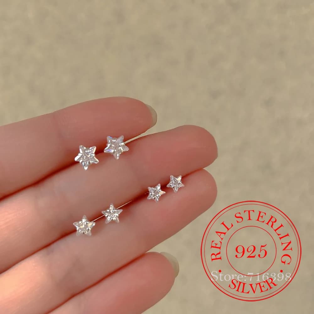 Original 925 Sterling Silver Crystal Star Stud Earrings for Women Girls Ear Needle Piercing Jewelry Party Wedding Sleeper Gift