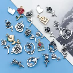 10/24Pcs/Pack Romantic Vintage Rose Flower Chaems Alloy Small Pendants for Jewelry Making Findings Crafting Accessories