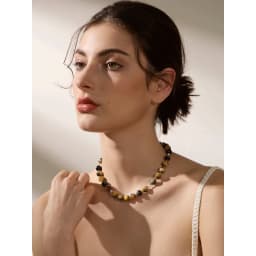 Yhpup Maillard Natural Stone Tiger Round Beads Chain Collar Necklace Stainless Steel Handmade Jewelry Waterproof for Women Gift