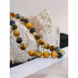 Yhpup Maillard Natural Stone Tiger Round Beads Chain Collar Necklace Stainless Steel Handmade Jewelry Waterproof for Women Gift