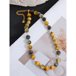 Yhpup Maillard Natural Stone Tiger Round Beads Chain Collar Necklace Stainless Steel Handmade Jewelry Waterproof for Women Gift