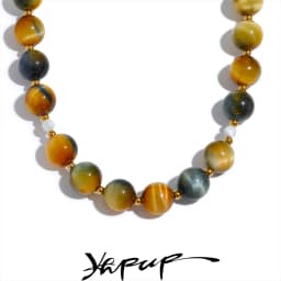 Yhpup Maillard Natural Stone Tiger Round Beads Chain Collar Necklace Stainless Steel Handmade Jewelry Waterproof for Women Gift