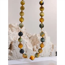Yhpup Maillard Natural Stone Tiger Round Beads Chain Collar Necklace Stainless Steel Handmade Jewelry Waterproof for Women Gift
