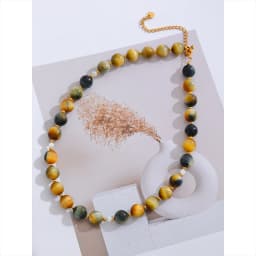 Yhpup Maillard Natural Stone Tiger Round Beads Chain Collar Necklace Stainless Steel Handmade Jewelry Waterproof for Women Gift