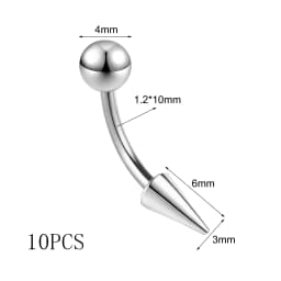 ZS 10Pcs/lot 16G Spike Curved Barbell Eyebrow Ring Internally Threaded Eyebrow Piercing Cone Helix Earring 6/8/10mm Lip Piercing