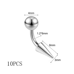 ZS 10Pcs/lot 16G Spike Curved Barbell Eyebrow Ring Internally Threaded Eyebrow Piercing Cone Helix Earring 6/8/10mm Lip Piercing