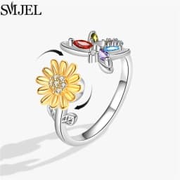 SMJEL Fashion Cherry Blossom Anxiety Ring Fidget Spinner Rings for Women Cute Cat Bee Bunny Butterfly Rotating Ring Wedding Gift